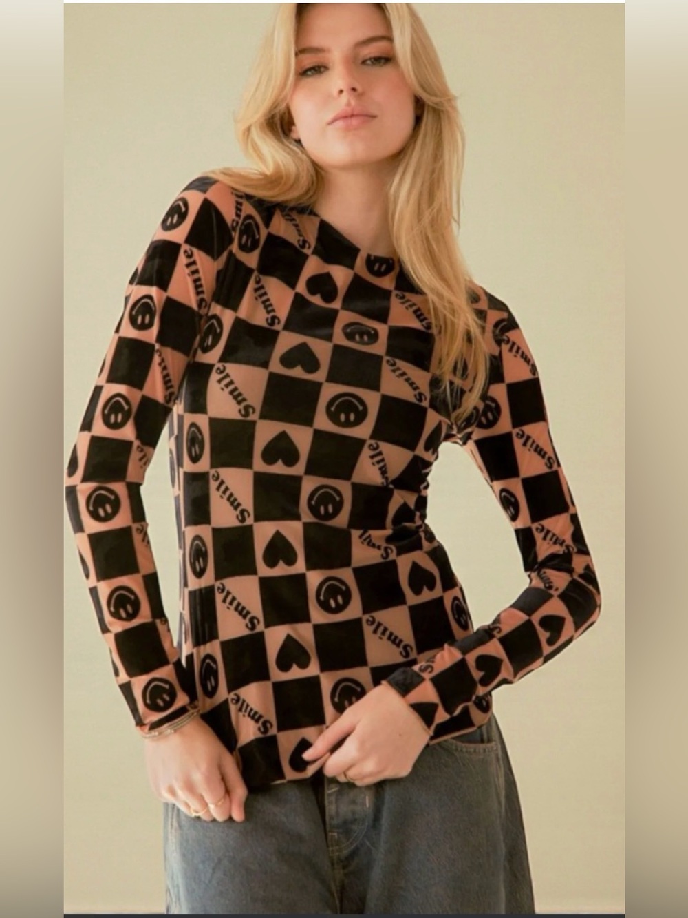 David & Dani Long-Sleeve Checkerboard Print Top in Brown & Black
